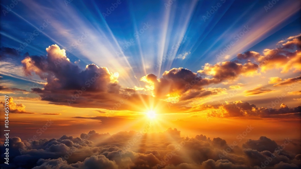 Fototapeta premium of a beautiful sunrise with fluffy clouds, radiant light rays, and atmospheric effects, sunrise, clouds, light rays, atmospheric