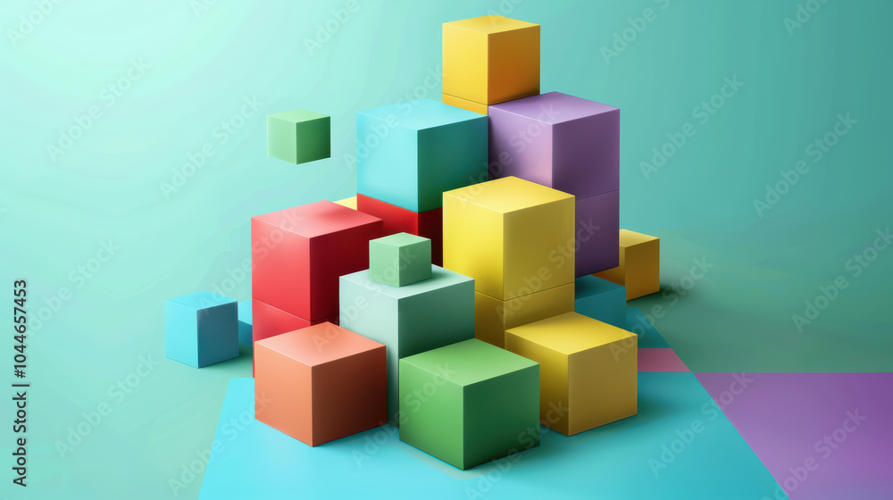 Colorful geometric shapes create vibrant and playful composition, showcasing variety of cubes in different sizes and colors. This arrangement evokes sense of creativity and fun Colorful geometric shapes create vibrant and playful composition, showcasing variety of cubes in different sizes and colors. This arrangement evokes sense of creativity and fun