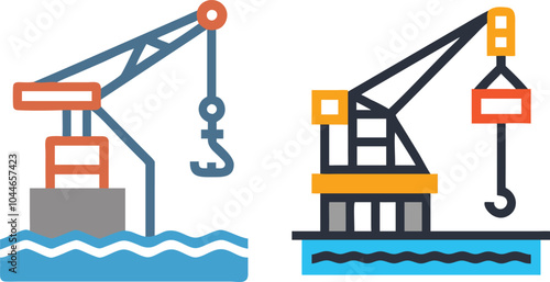 Quay Crane Icon Set Vector Illustration, Cargo Handling Port Equipment
