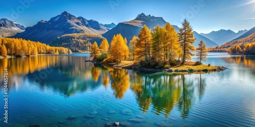 Tranquil morning scene at Lake Sils with autumn larches on an island in Engadin, Switzerland , Nature, landscape, morning