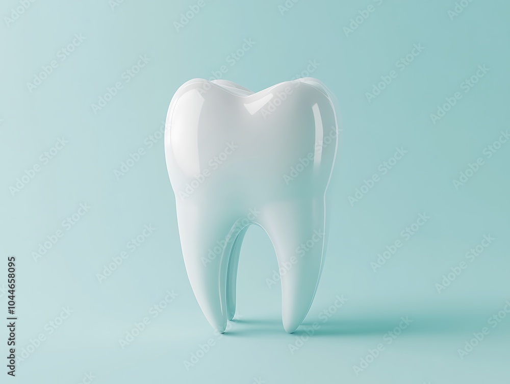 A single white tooth, dental healthcare concept, light colored bright background with shiny tooth in foreground A single white tooth, dental healthcare concept, light colored bright background with shiny tooth in foreground