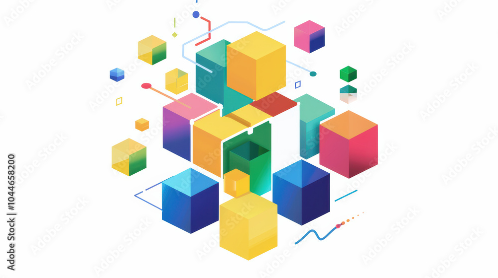 Colorful geometric shapes create vibrant and dynamic composition, showcasing blend of cubes and abstract lines that evoke sense of creativity and innovation Colorful geometric shapes create vibrant and dynamic composition, showcasing blend of cubes and abstract lines that evoke sense of creativity and innovation