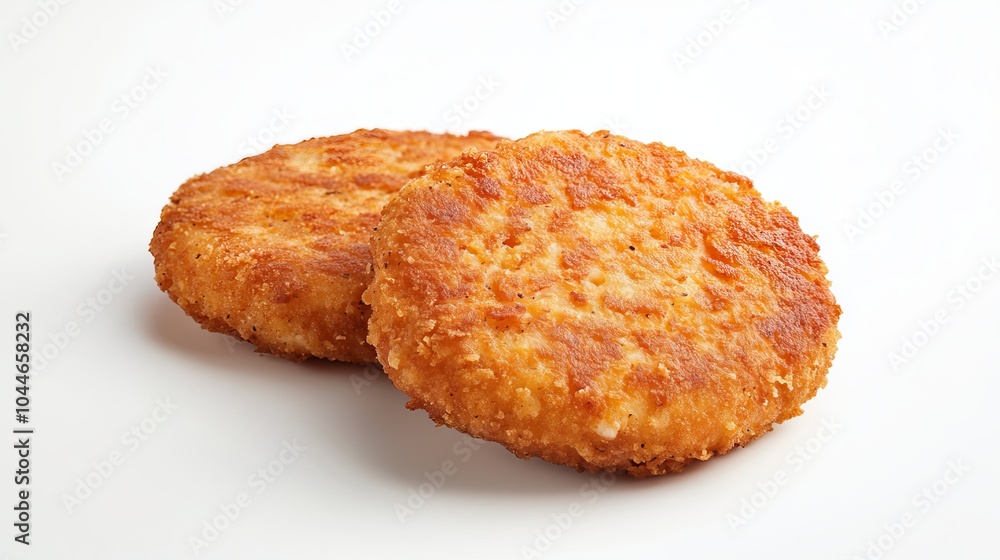 Crispy salmon and potato patties, ready to eat, against a plain white backdrop. Crispy salmon and potato patties, ready to eat, against a plain white backdrop.