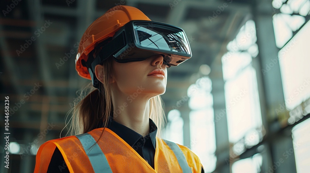 A female designer wearing a bright vest and safety helmet arrived at the building site with tools for productive work. A female designer wearing a bright vest and safety helmet arrived at the building site with tools for productive work.