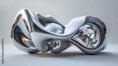 3d render of abstract art with surreal 3d organic ball in curve wavy smooth and soft bio forms in matte aluminium metal material with glass parts, with dispersion effect on grey background