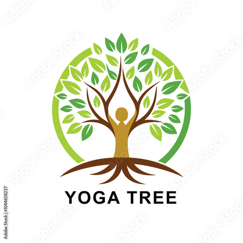 Tree yoga logo. Silhouette of a person in meditation in a round frame. The image of nature, the tree of life.