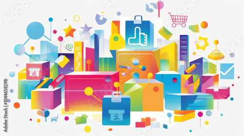 Colorful abstract illustration featuring various geometric shapes, boxes, and icons representing technology, shopping, and communication. vibrant design evokes sense of creativity and innovation
