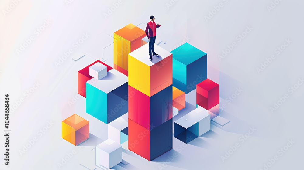 person standing on top of colorful geometric blocks, symbolizing achievement and creativity in modern, abstract environment. vibrant colors evoke sense of innovation and inspiration person standing on top of colorful geometric blocks, symbolizing achievement and creativity in modern, abstract environment. vibrant colors evoke sense of innovation and inspiration