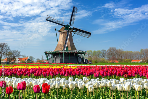 A picturesque windmill in the Netherlands surrounded by tulip fields.  Generative AI.