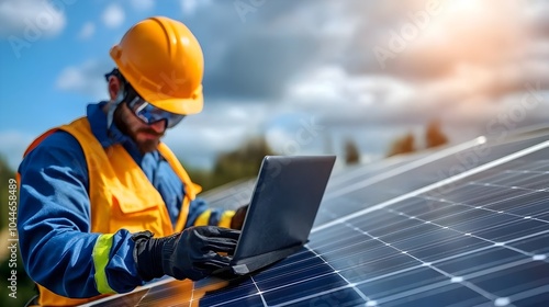 Female Electrician in Safety Gear Performing System Checks on Solar Panels Using a Laptop for Renewable Energy Maintenance and Inspection