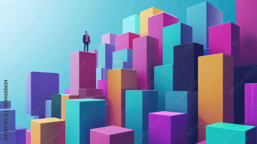 person stands atop colorful geometric blocks, symbolizing creativity and innovation in vibrant, abstract landscape. scene evokes sense of exploration and possibility person stands atop colorful geometric blocks, symbolizing creativity and innovation in vibrant, abstract landscape. scene evokes sense of exploration and possibility