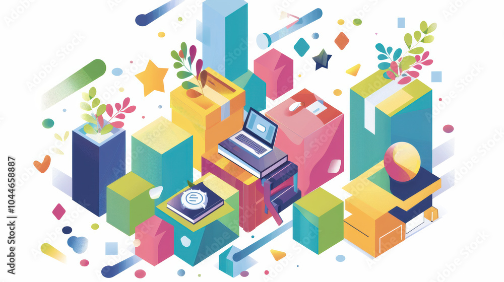 Creative and colorful digital illustration featuring abstract geometric shapes, plants, and computer setup, evoking sense of innovation and modernity