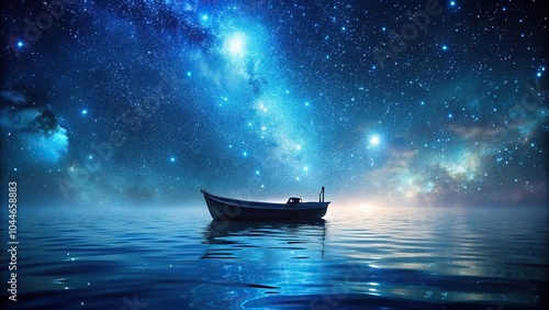 Silhouette of boat and stars in dark sea