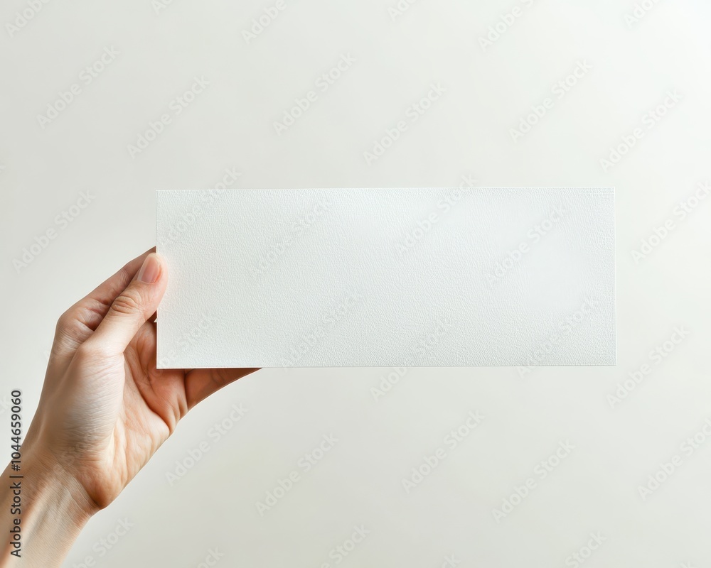 Obraz premium Closeup of hand holding a blank gift certificate with subtle bokeh background, emphasizing minimalism and simplicity gift certificate, hand, minimalist design