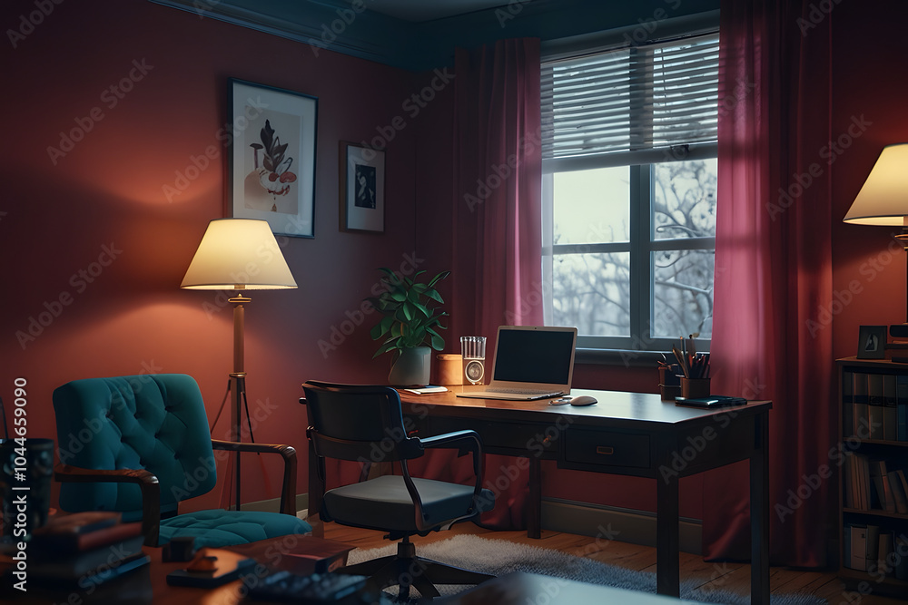 Fototapeta premium Modern desk with desktop computer and lamp in cozy home office. 3D Rendering