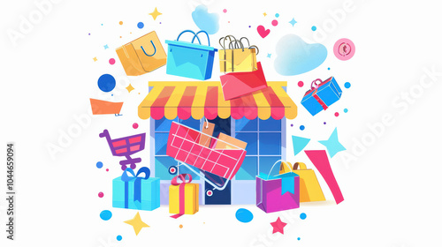 colorful illustration of shopping store with various shopping bags, gifts, and shopping cart, creating vibrant and cheerful shopping atmosphere