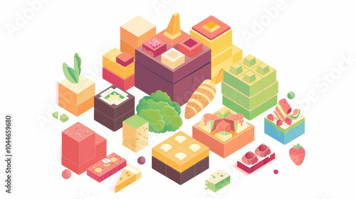 Colorful geometric shapes representing various food items create vibrant and playful scene. This illustration showcases variety of textures and colors, evoking sense of fun and creativity