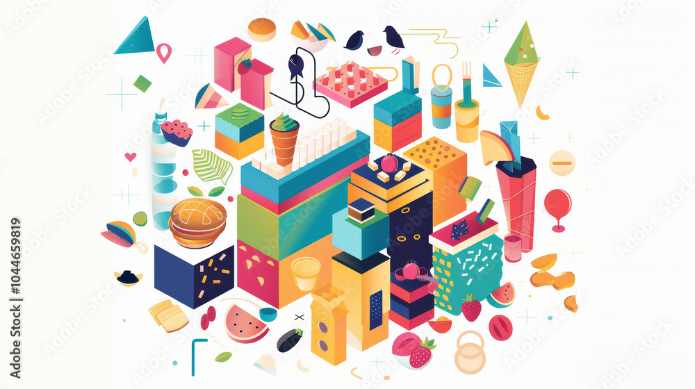 Colorful geometric shapes and food items create vibrant illustration filled with desserts, fruits, and playful elements, evoking sense of joy and creativity Colorful geometric shapes and food items create vibrant illustration filled with desserts, fruits, and playful elements, evoking sense of joy and creativity