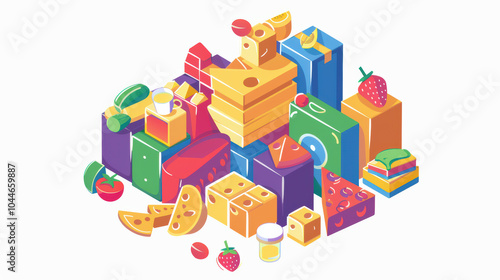 Colorful and vibrant illustration of various food items including fruits, cheese, and beverages, creating playful and appetizing scene