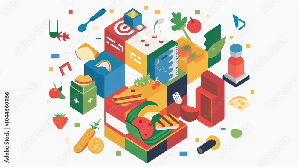 Colorful food illustrations create vibrant collage of various ingredients and kitchen items, showcasing playful and artistic representation of culinary elements Colorful food illustrations create vibrant collage of various ingredients and kitchen items, showcasing playful and artistic representation of culinary elements
