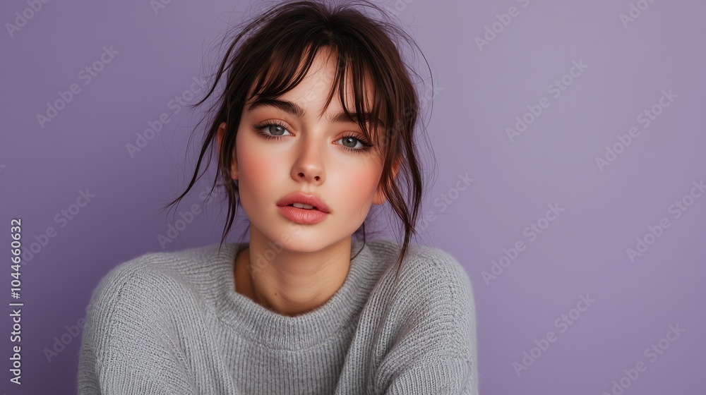 Young Woman in Casual Grey Sweater Against Purple Background Young Woman in Casual Grey Sweater Against Purple Background