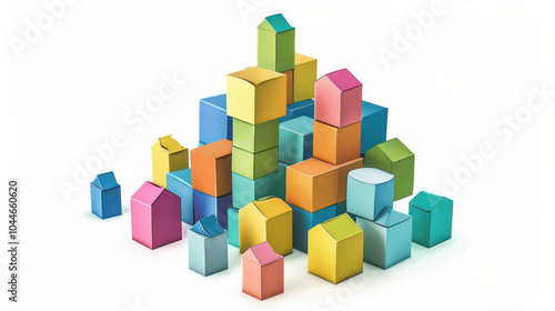 Colorful geometric shapes and blocks arranged in playful manner, creating vibrant and imaginative scene. This collection of shapes can inspire creativity and fun