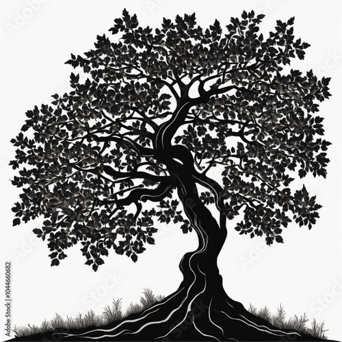 dramatic detailed silhouette of a large spreading oak tree.Tree Oak Linden Tree royalty-free stock illustration.A drawing of a tree with the word tree on it.