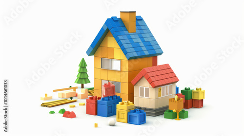 Building colorful house with blocks, surrounded by various construction elements, evokes creativity and playfulness. This scene captures joy of imaginative play