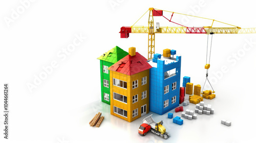 Colorful toy buildings under construction with crane and construction vehicles create playful and imaginative scene