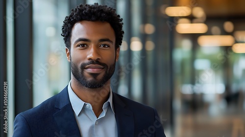 Successful black African-American businessman in suit and background of defocused windows and office environment, business and work related