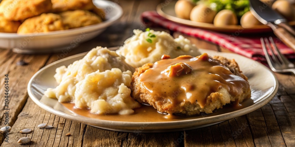 Classic southern comfort food served with mashed potatoes and gravy, chicken fried steak Classic southern comfort food served with mashed potatoes and gravy, chicken fried steak