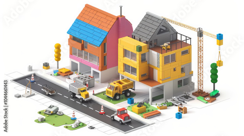 colorful 3D illustration of two houses under construction, showcasing vibrant urban scene with construction vehicles, roadworks, and various building materials