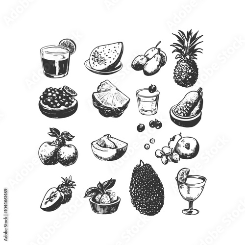 Vintage hand-drawn tropical fruit and drink set featuring pineapple, papaya, and various exotic fruits in detailed line-art style. Ideal for organic food packaging, tropical branding, and cocktail