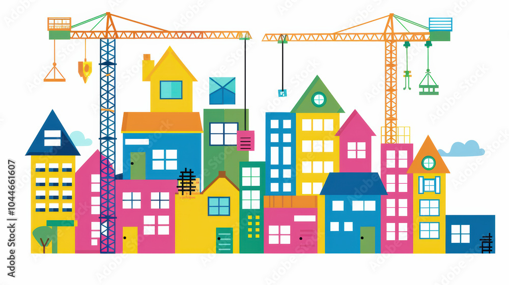 Fototapeta premium Colorful buildings and cranes create vibrant construction scene, showcasing lively urban landscape filled with various house designs and construction activity