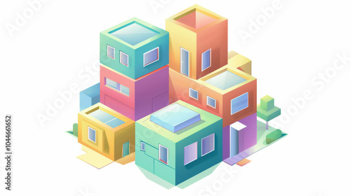 Colorful geometric buildings create vibrant urban landscape, showcasing modern architecture and playful design elements. This illustration captures lively and imaginative environment