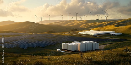 A vast field of green and renewable energy station full of solar panels, reactors and wind turbines, endless clean and free energy
