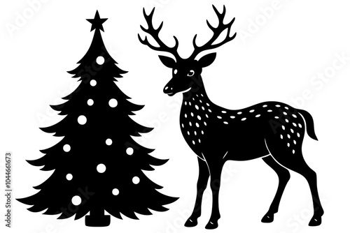 christmas deer  beside christmas tree silhouette