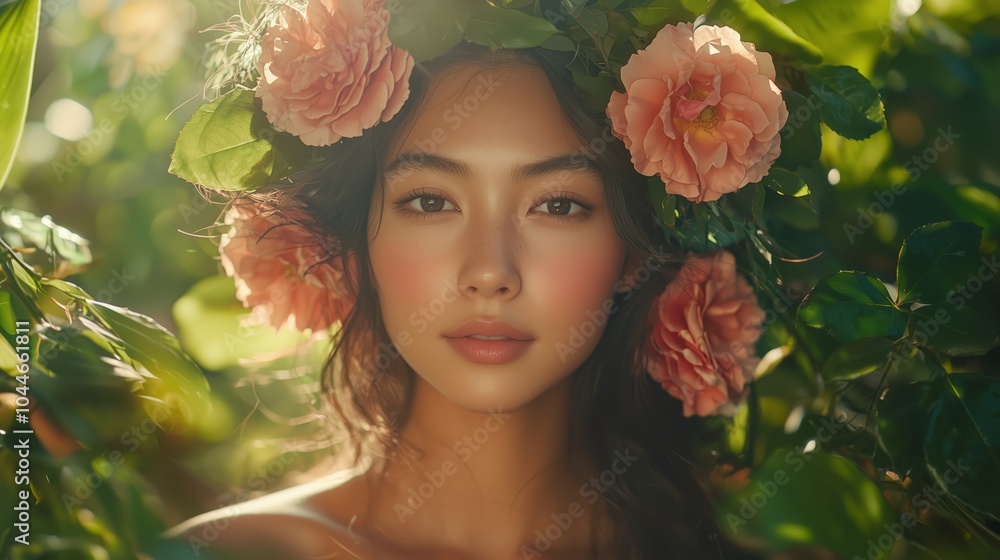 Young Woman with Floral Crown in Nature Young Woman with Floral Crown in Nature