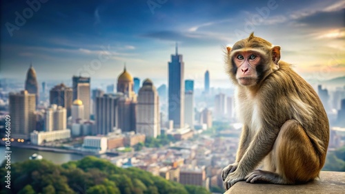Symmetrical monkey on the background of the panoramic city skyline