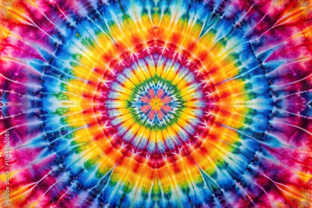 Symmetrical multicolored tie dye fabric with wavy patterns in pink, purple, blue, orange, and yellow Symmetrical multicolored tie dye fabric with wavy patterns in pink, purple, blue, orange, and yellow