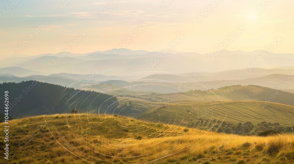 Fototapeta premium Sound waves radiating across a serene landscape, symbolizing the interconnectedness and harmony of natural and auditory elements.