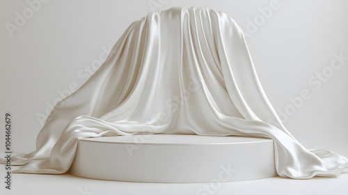 Podium covered with a piece of white silk drapery fabric, podium for product cosmetic presentation creative mock up 3d illustration