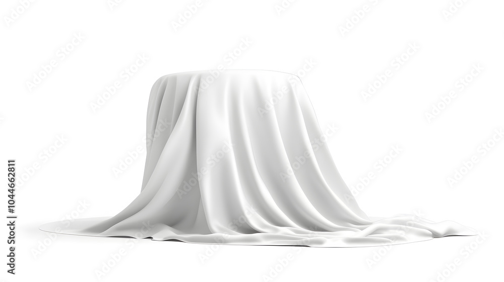 Podium covered with a piece of white silk drapery fabric, podium for product cosmetic presentation creative mock up 3d illustration Podium covered with a piece of white silk drapery fabric, podium for product cosmetic presentation creative mock up 3d illustration