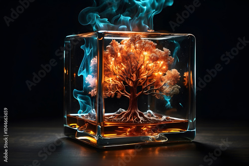   Creative and detail image of burning tree inside glass whiskey cube in 3d black background