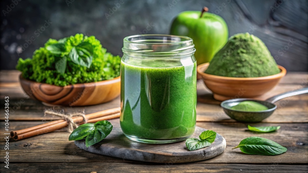 Freshly blended green smoothie made with organic greens, spirulina, and protein powders , healthy, nutritious, drink Freshly blended green smoothie made with organic greens, spirulina, and protein powders , healthy, nutritious, drink