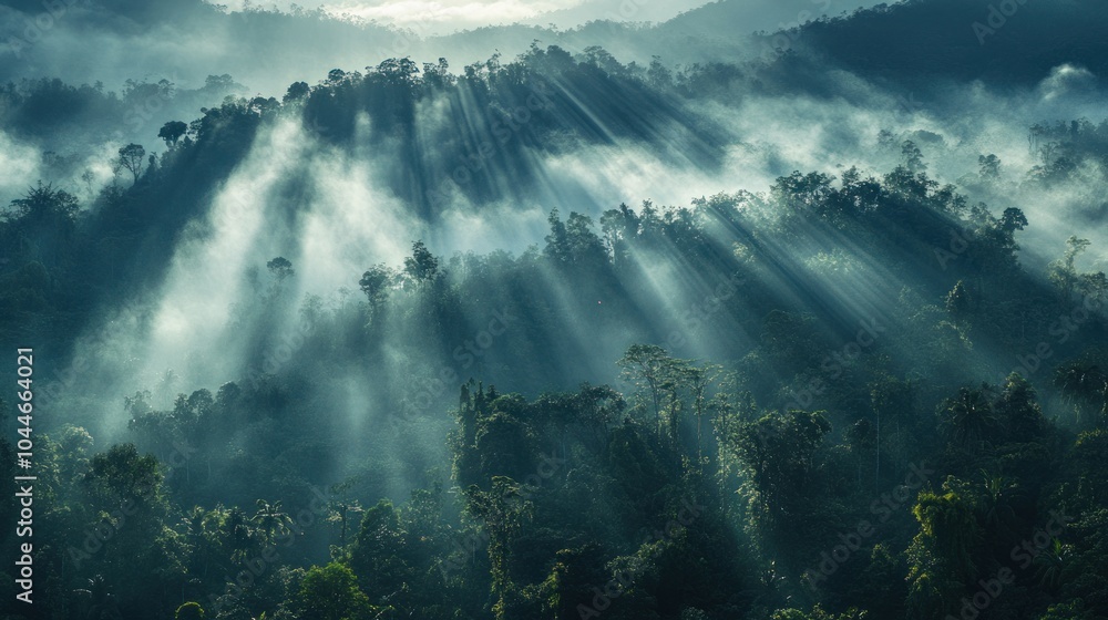 Sunlight Through Mist in Rainforest