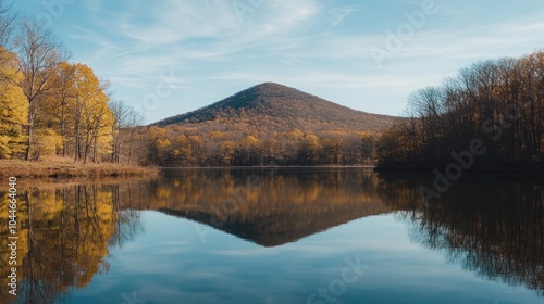 A tranquil mountain lake with fall foliage reflected in the water, under a bright blue sky.