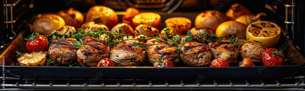 Many stuffed vegetables in the oven with some cooking, food background, banner Many stuffed vegetables in the oven with some cooking, food background, banner
