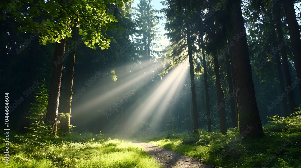 Fototapeta premium Misty Forest Path Bathed in Ethereal Sunlight Rays Tranquil Landscape with Golden Light Filtering Through the Trees Casting a Peaceful Magical Atmosphere
