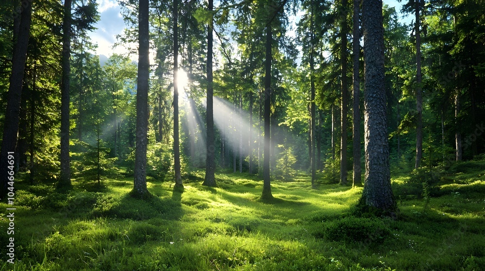 Fototapeta premium A tranquil forest landscape bathed in the soft golden glow of morning light with beams of sunlight filtering through the trees and lighting up the lush verdant undergrowth